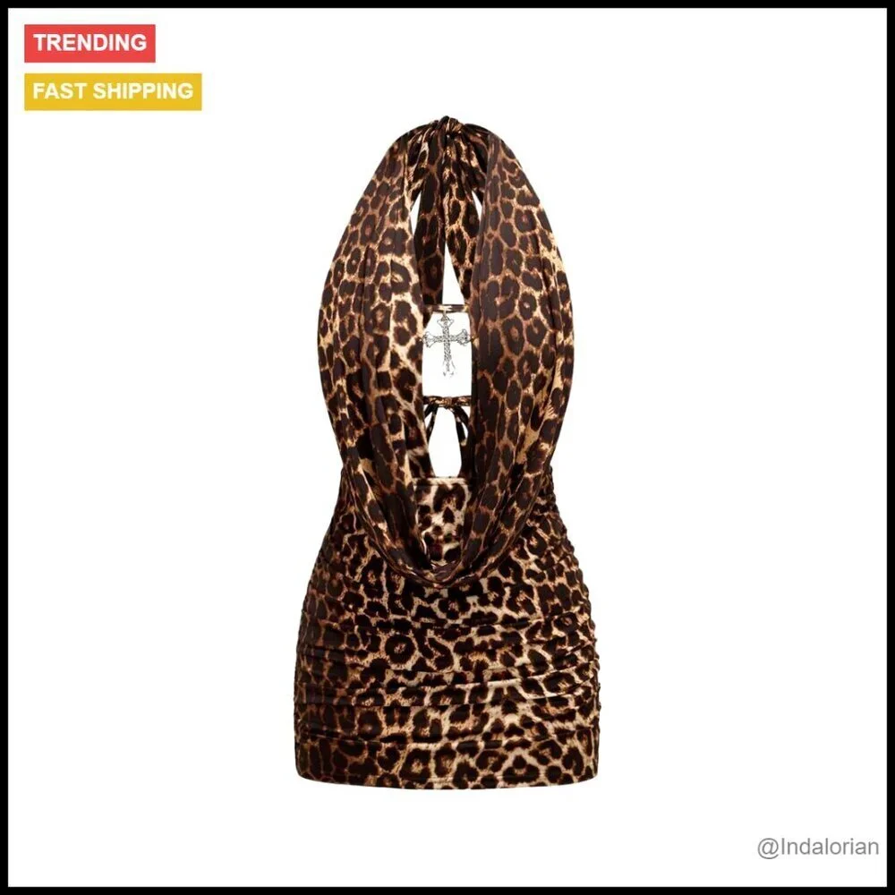 Leopard Print Halter Mini Dress Bodycon Ruched Party Club Night Out